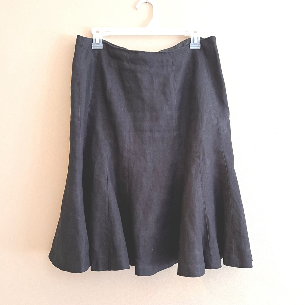 Chaps Black 100% Linen Gored Flare Midi Skirt Size 10 Side Zip Lined Classic
